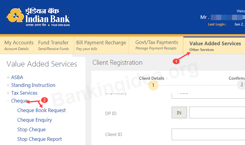 Indian Bank Cheque Book request online