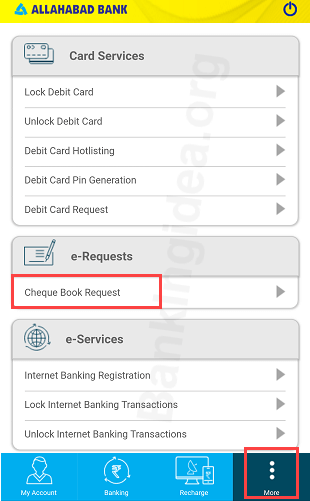 Allahabad bank Cheque Book request online