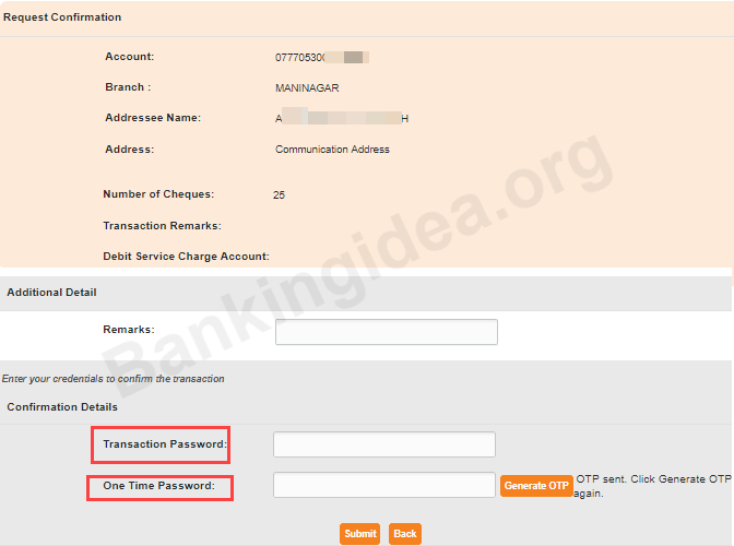 Cheque Book request South Indian Bank