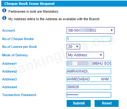 Allahabad bank Cheque Book request online