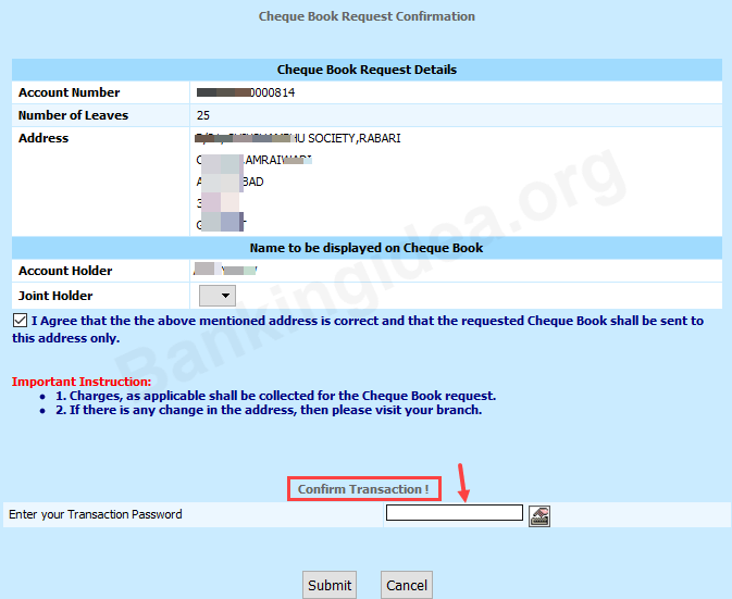Request Cheque Book Bank of India