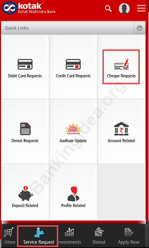 Kotak Mahindra Bank Request Cheque Book online