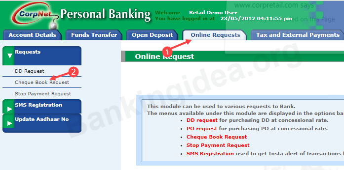 Request Corporation Bank Cheque Book online