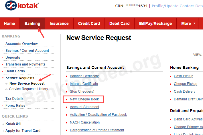Kotak Mahindra Bank Request Cheque Book online