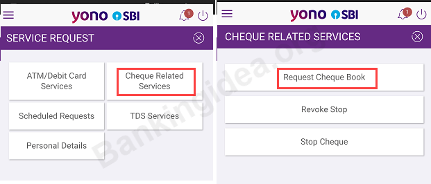 SBI YONO Request Cheque Book 