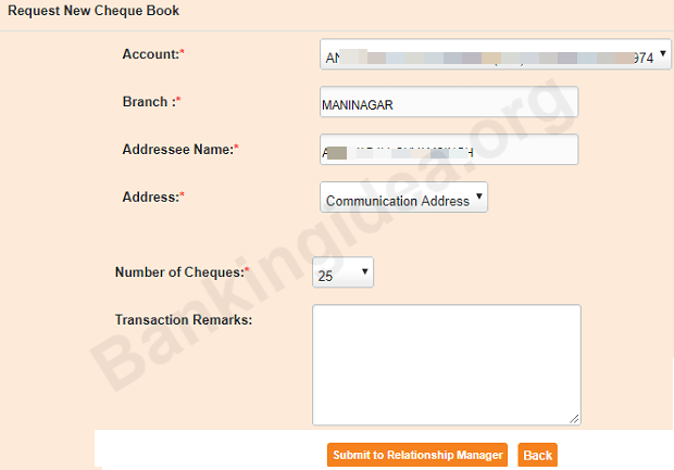 Cheque Book request South Indian Bank