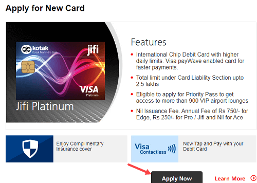 Apply for Kotak Bank Debit card online