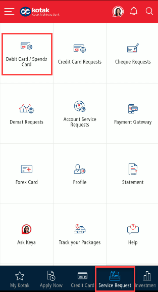 Kotak Bank service request debit card