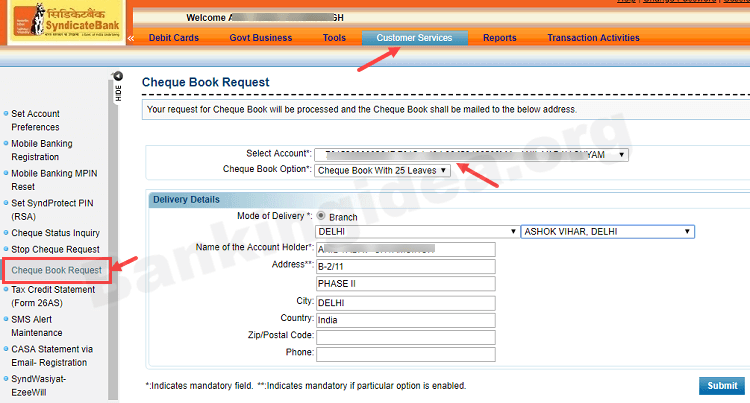 Request Syndicate Bank Cheque Book Online