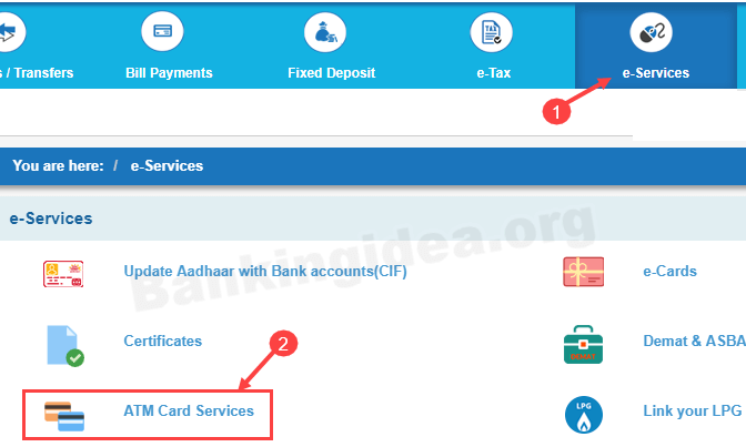 SBI net banking ATM card services