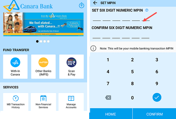 Canara Bank mobile banking registration
