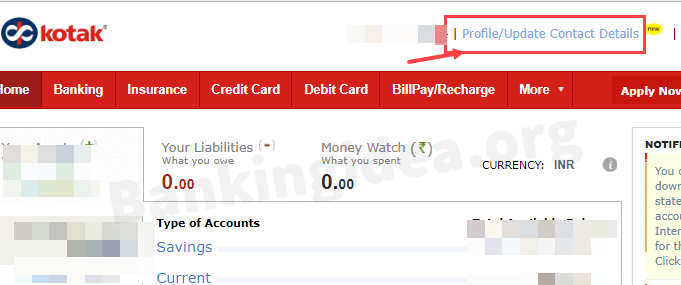 Kotak Bank change registered mobile number