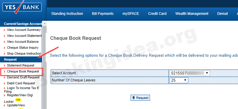 Yes Bank Cheque Book online request