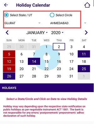 SBI Holiday Calendar