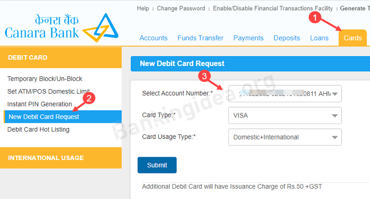 Canara Bank ATM Debit card apply Online