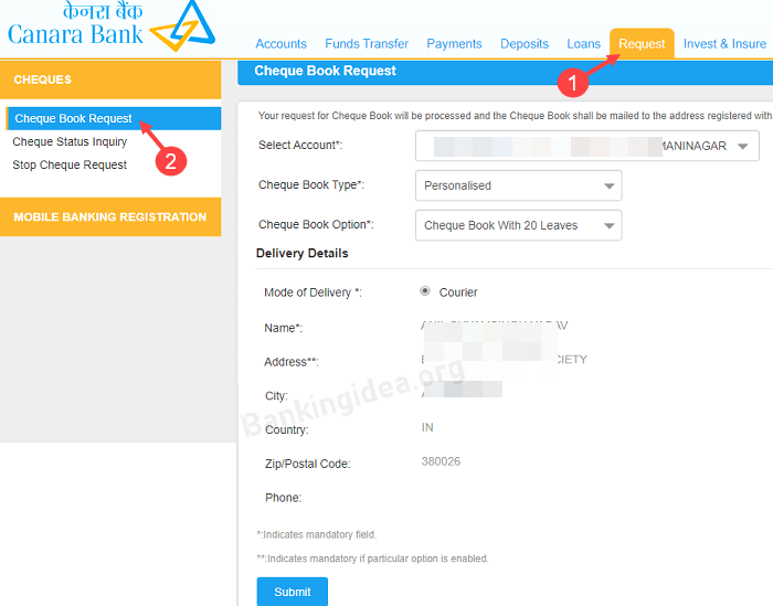 Canara Bank Online Cheque Book Request