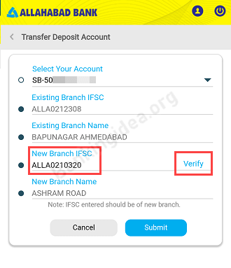 Transfer Allahabad Bank Account To Another Branch Online