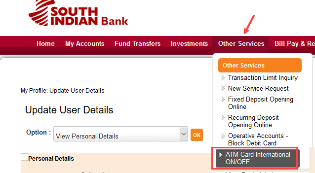 Enable South Indian Bank Debit card International Transactions 