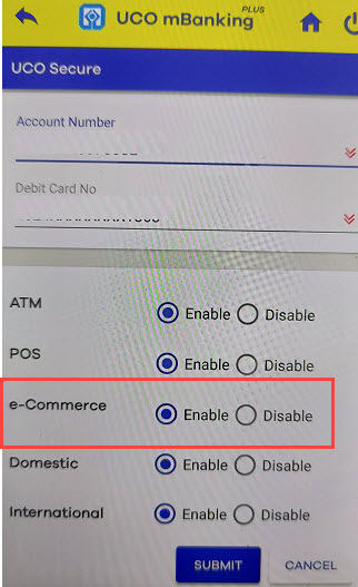 uco ATM debit card online transaction