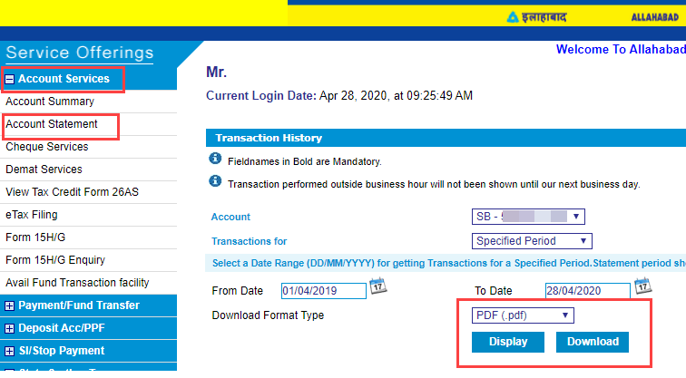 download Allahabad Bank Account Statement online