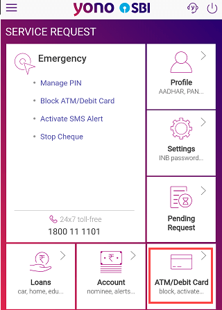 SBI yono manage ATM debit card