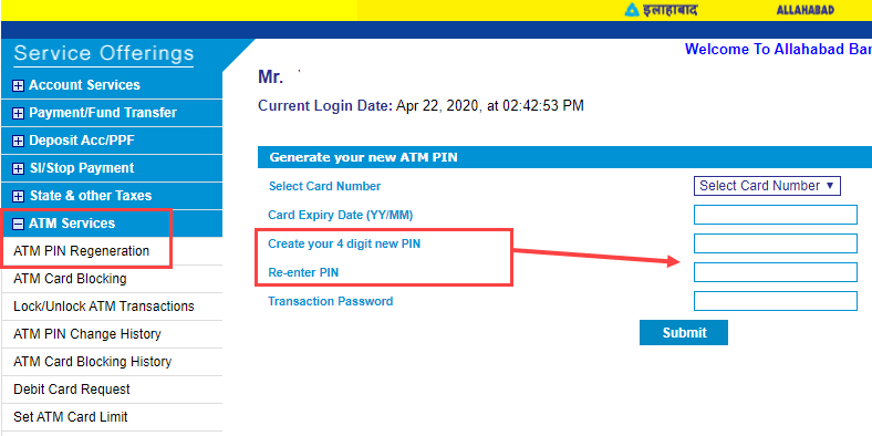 generate Allahabad Bank ATM PIN Online