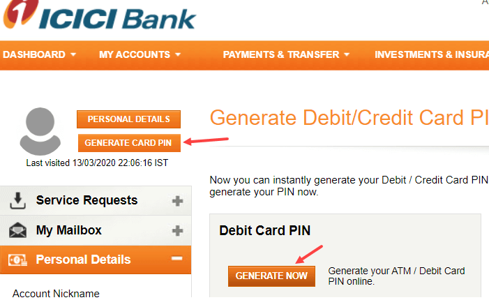 Generate ICICI Debit Card ATM PIN Online