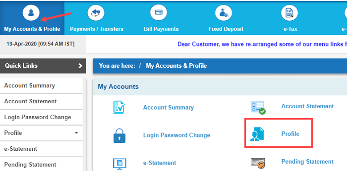 SBI net banking My Accounts & Profile