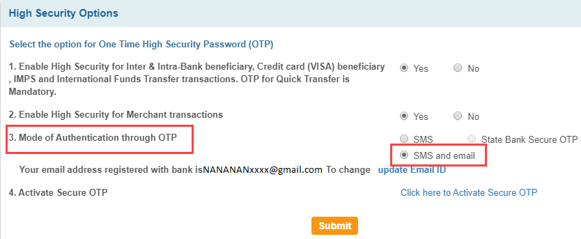 SBI OTP email