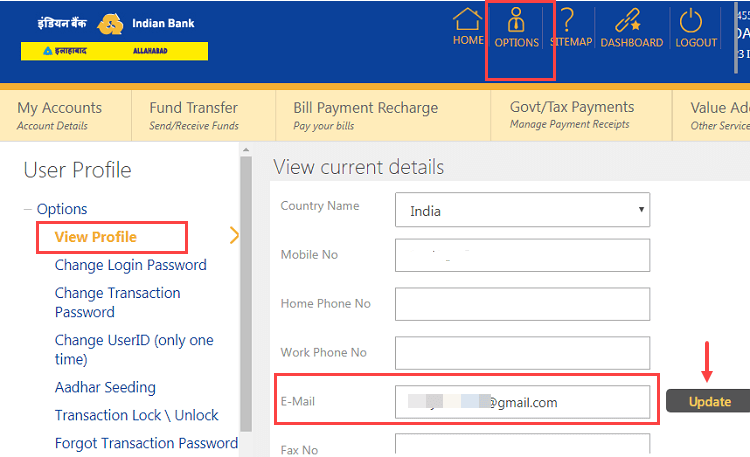 update register email ID Indian Bank Online
