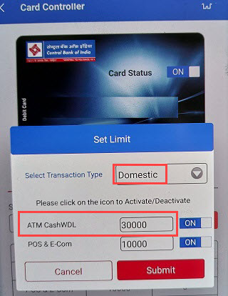 Change Central Bank of India ATM Cash withdrawal Limit