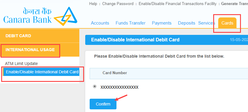 Canara ATM Debit card international usage transaction