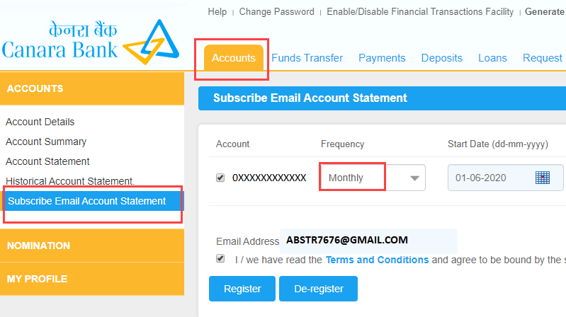 Canara bank email statement (e-statement)