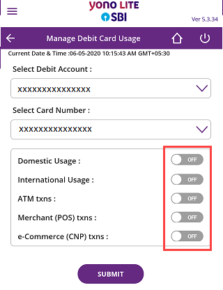 SBI ATM Debit card ON/OFF