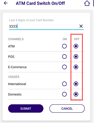 SBI ATM Debit card ON/OFF