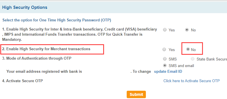 SBI OTP disable deactivate