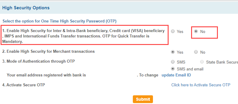 SBI OTP disable deactivate