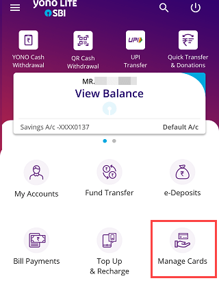 SBI YONO Lite manage Debit cards