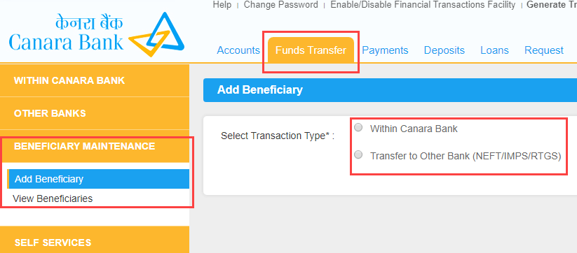 Add Beneficiary Canara Bank