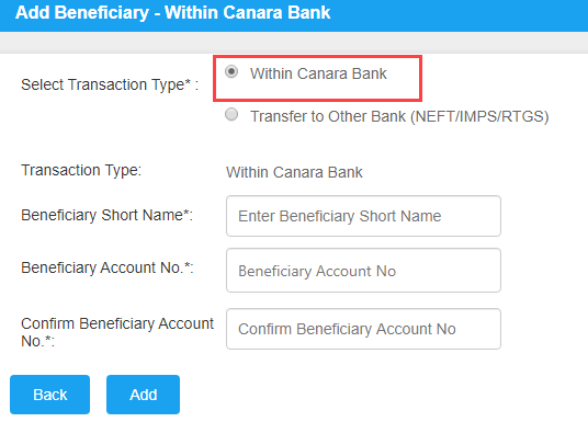Add Beneficiary Canara Bank