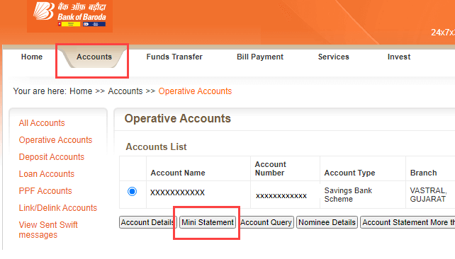 Bank of Baroda mini statement