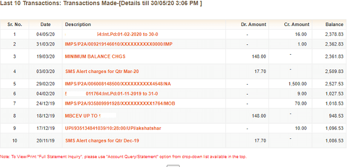Bank of Baroda mini statement