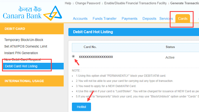 Block Canara Bank ATM/Debit Card