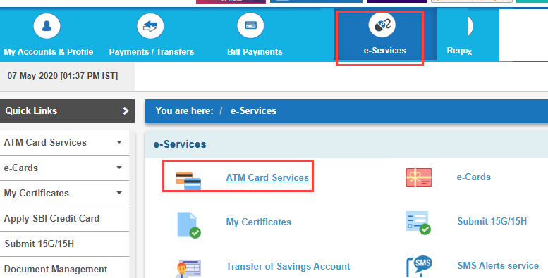Block SBI ATM Debit card
