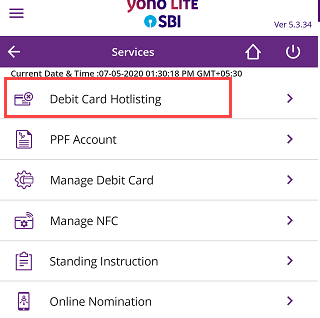 Block SBI ATM Debit card