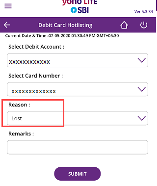 Block SBI ATM Debit card