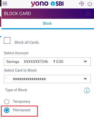 Block SBI ATM Debit card
