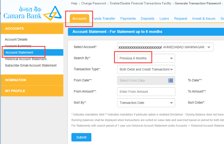 Canara account statement passheet