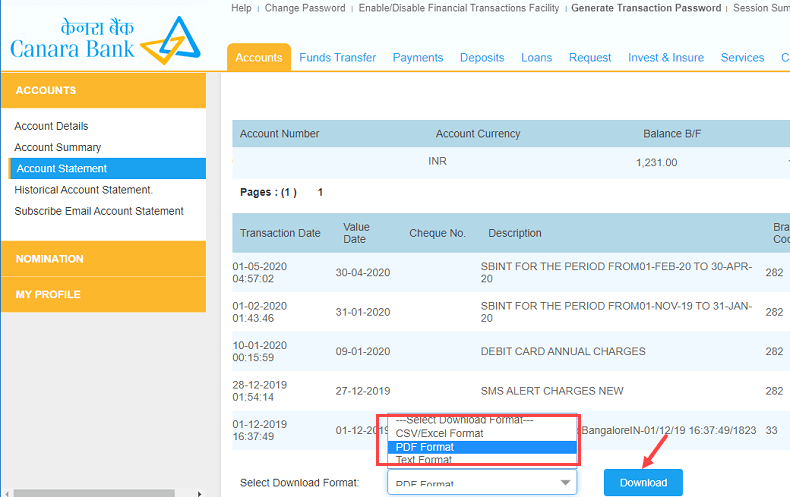 canara bank account number check online