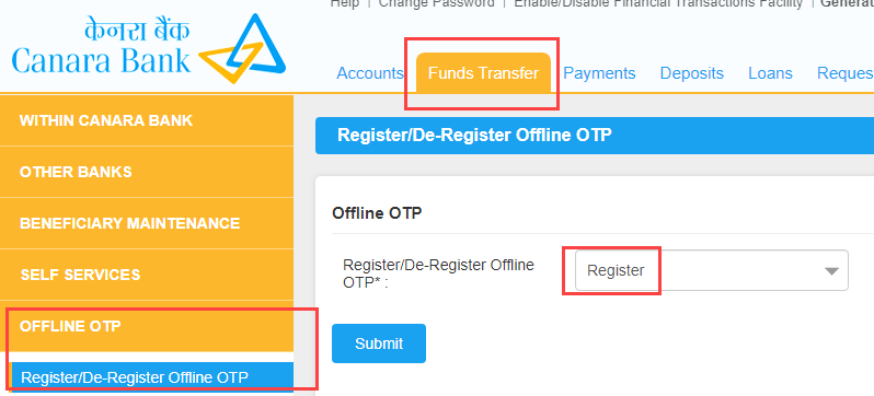 Canara Bank offline OTP